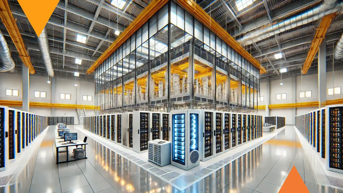 Centro de datos moderno con racks de servidores, sistemas de enfriamiento y estaciones de monitoreo, ilustrando infraestructura tecnológica avanzada.