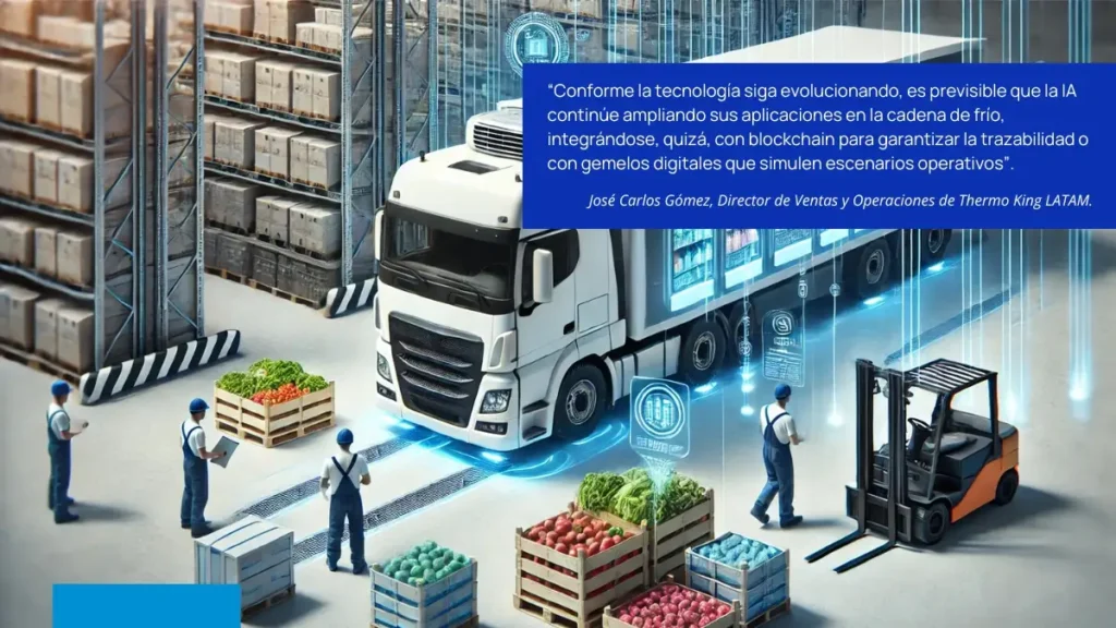 Camión refrigerado en almacén inteligente con sensores digitales, tecnología IoT y equipo de logística supervisando el cargamento.