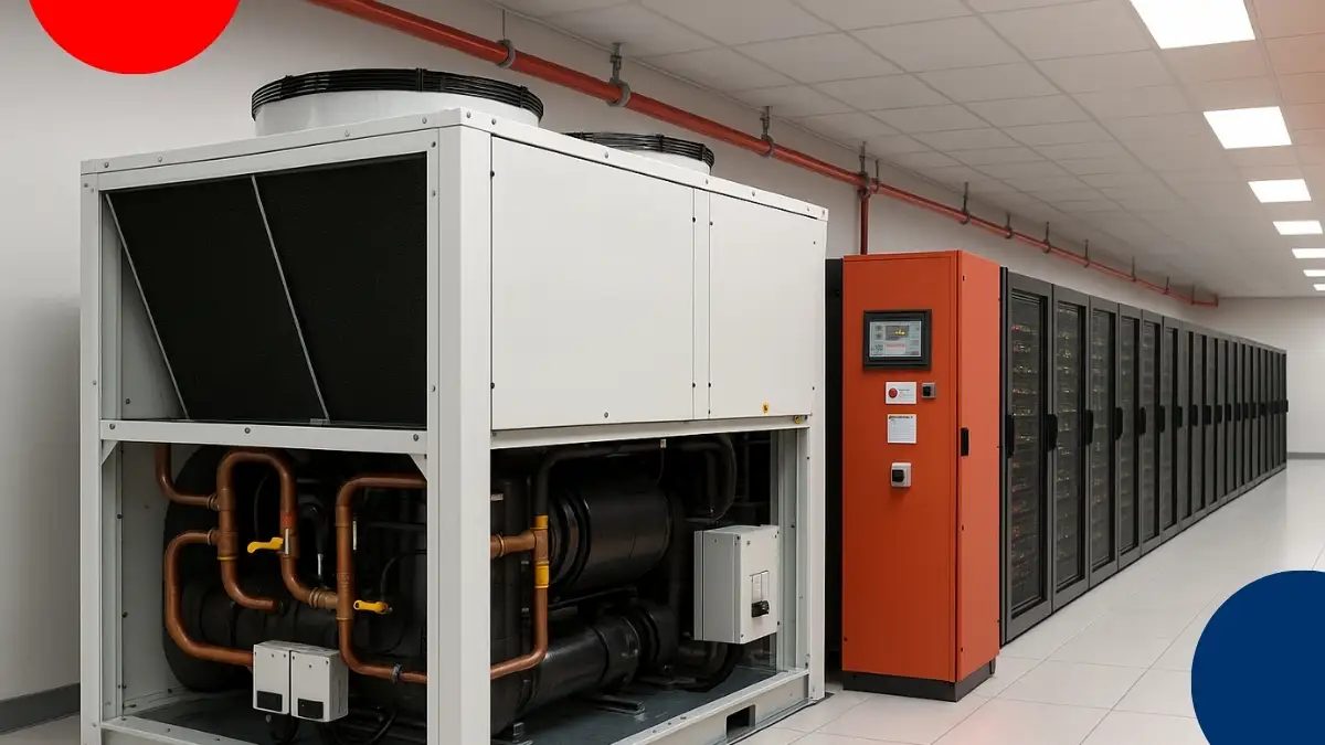 Unidad de aire acondicionado en un centro de datos moderno con racks de servidores.
