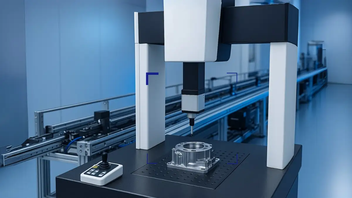 Equipo automatizado de metrología midiendo una pieza en una línea de producción industrial