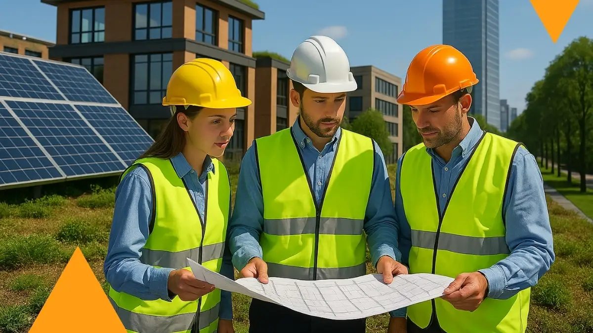 Tres ingenieros revisan planos frente a paneles solares en un edificio sustentable