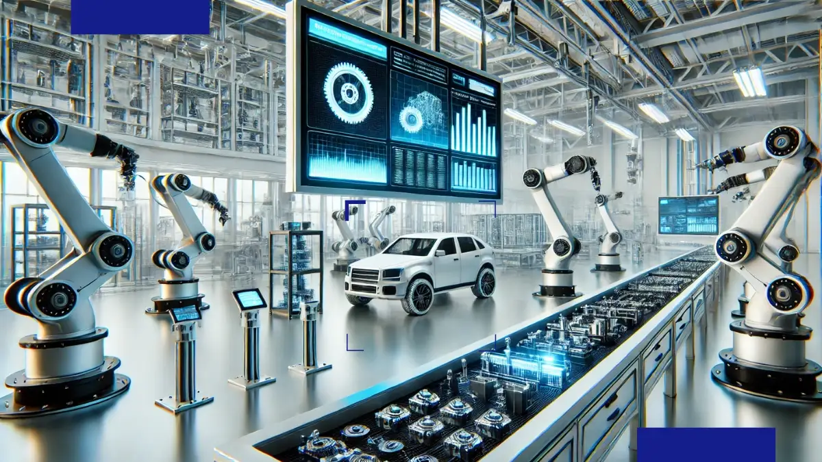 Línea de producción automatizada con brazos robóticos ensamblando un automóvil en un entorno industrial inteligente