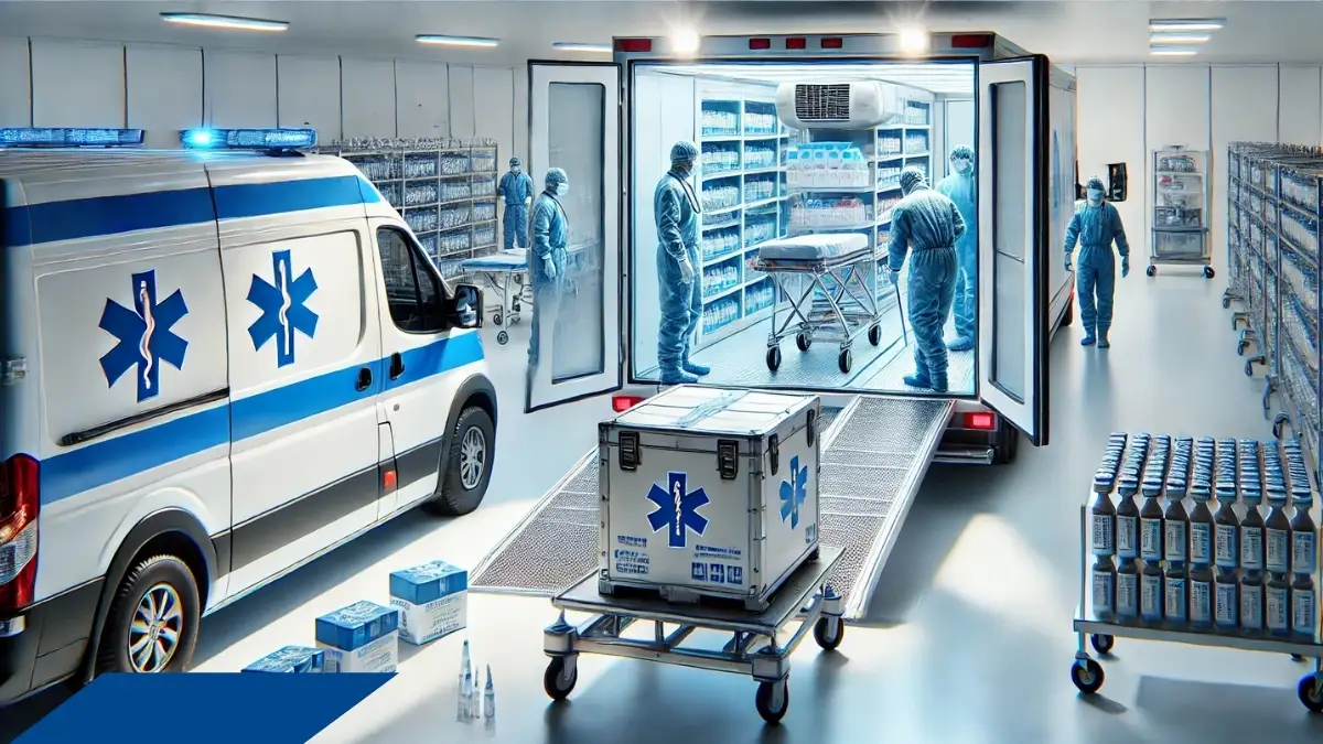 Personal médico trasladando insumos en una unidad móvil refrigerada durante una emergencia sanitaria