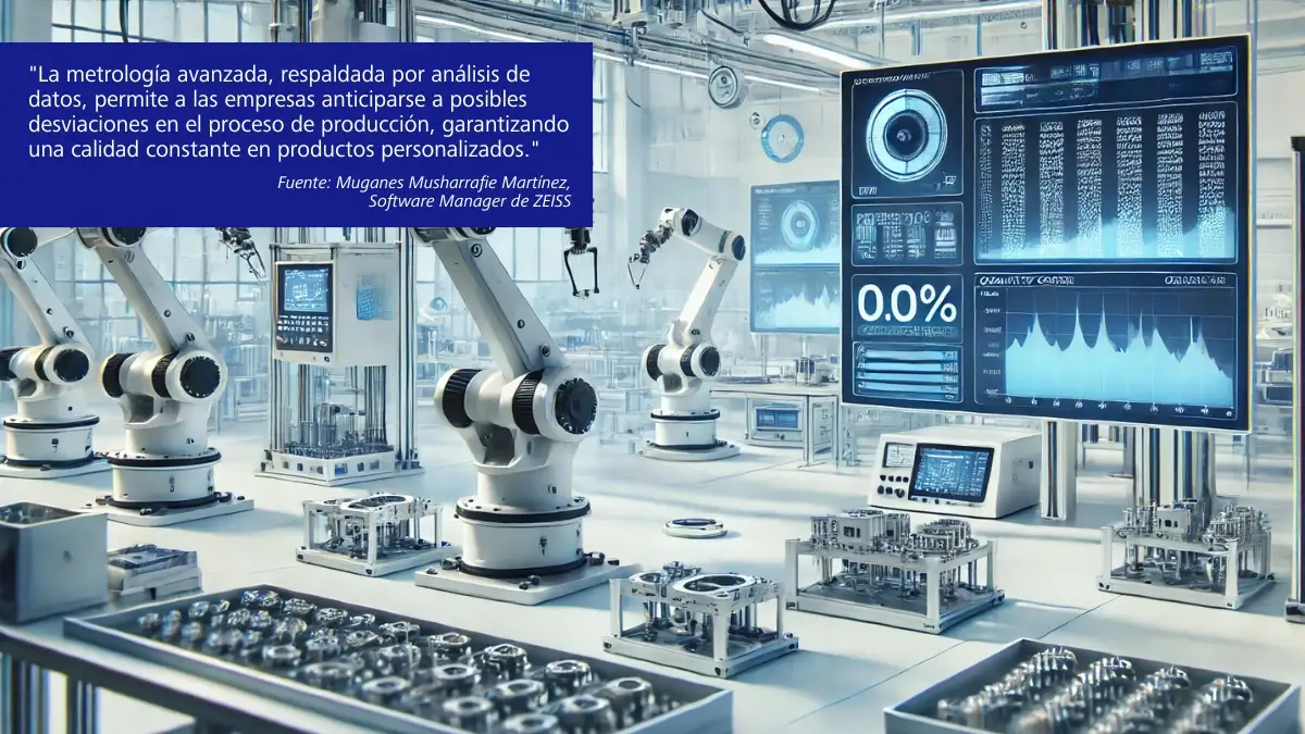 Robots industriales trabajando en una fábrica inteligente con pantallas que muestran métricas de producción y calidad.