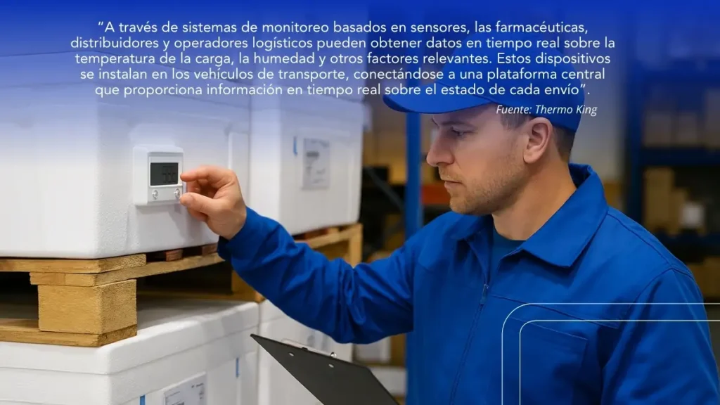 monitoreo-de-temperatura-1024x576 Técnico revisando el sistema de monitoreo de temperatura de un contenedor farmacéutico en almacén logístico