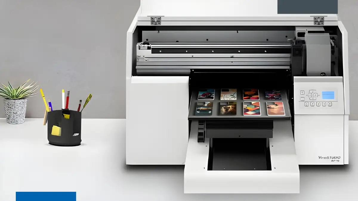 Impresora de escritorio imprimiendo productos personalizados sobre una mesa blanca