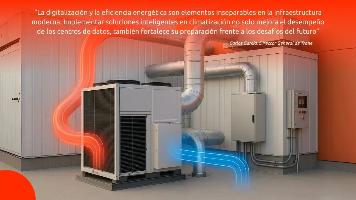 sistemas-de-enfriamiento-para-centros-de-datos Sistema de enfriamiento con flujo de aire caliente y frío representado gráficamente en instalación exterior.