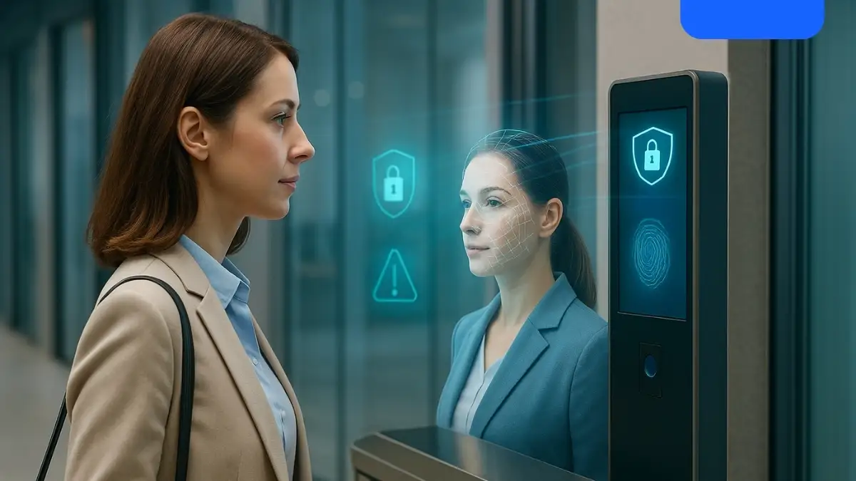 Empleado utiliza lector biométrico facial para verificación de identidad en acceso corporativo