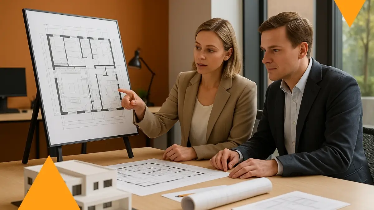 Dos profesionales analizan planos arquitectónicos como parte de procesos de innovación tecnológica en la construcción