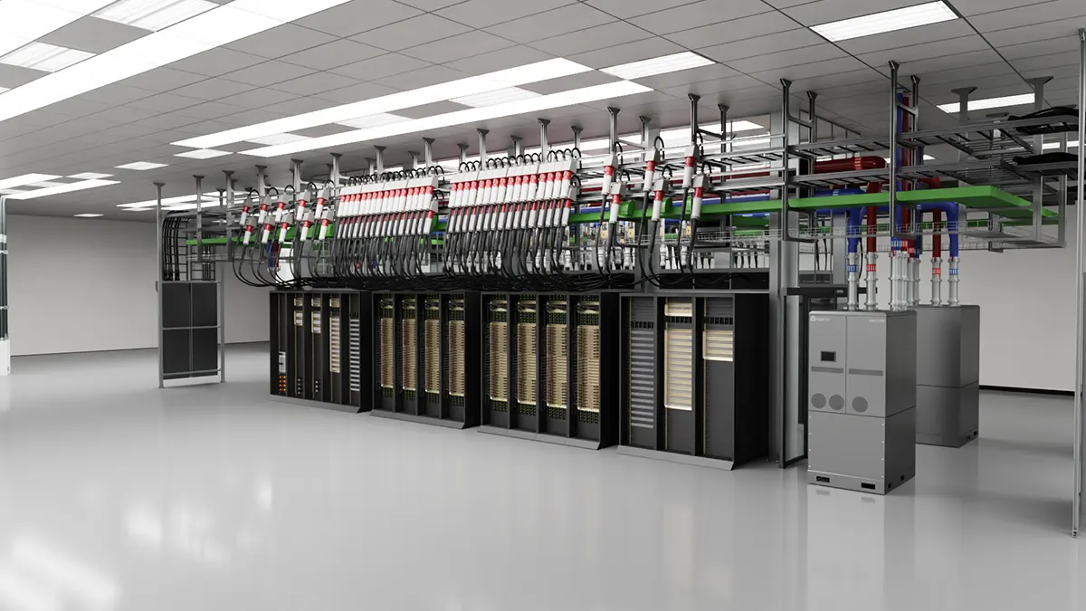 Infraestructura de centro de datos con arquitectura avanzada y sistemas de enfriamiento diseñados para aplicaciones de inteligencia artificial con tecnología NVIDIA