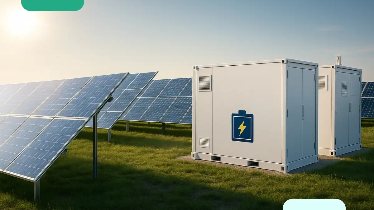 Sistema de paneles solares y baterías en campo industrial para autoconsumo energético.