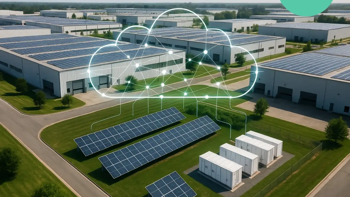 Vista aérea de parques industriales con techos solares y campo de paneles solares en primer plano, representando un sistema de smart grid.