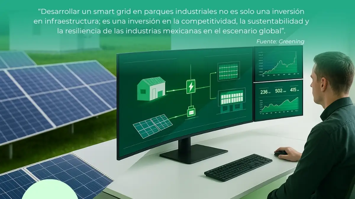 Ingeniero frente a una pantalla con gráficas de consumo y flujo de energía en un sistema smart grid, rodeado de paneles solares.