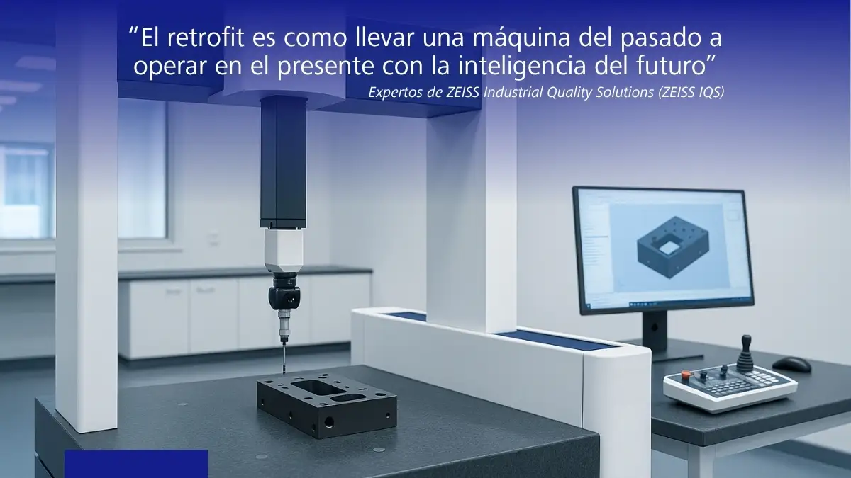 Máquina de medición por coordenadas inspeccionando pieza metálica con software 3D en pantalla