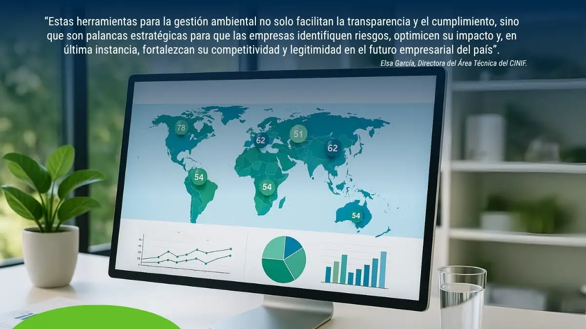 Monitor con mapa de impacto ambiental global y gráficos de análisis de sostenibilidad