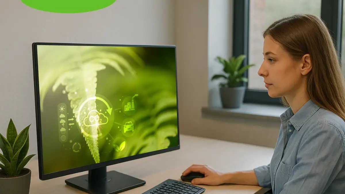 Mujer analizando indicadores de sostenibilidad en su computadora para medir huella de carbono empresarial.
