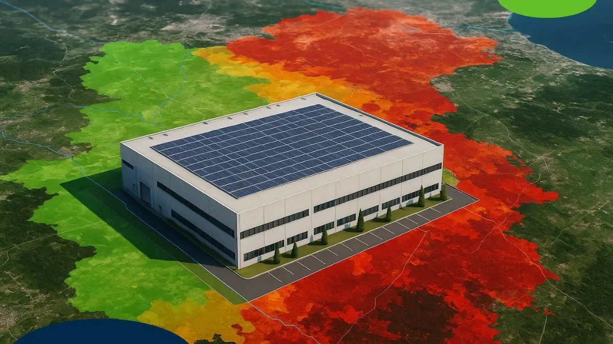Mapa de calor ambiental con una nave industrial equipada con paneles solares