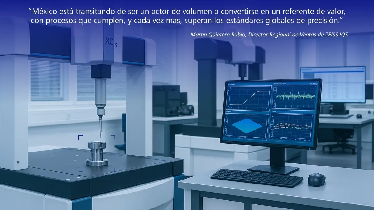 Máquina de medición por coordenadas inspeccionando una pieza metálica en laboratorio de calidad industrial.