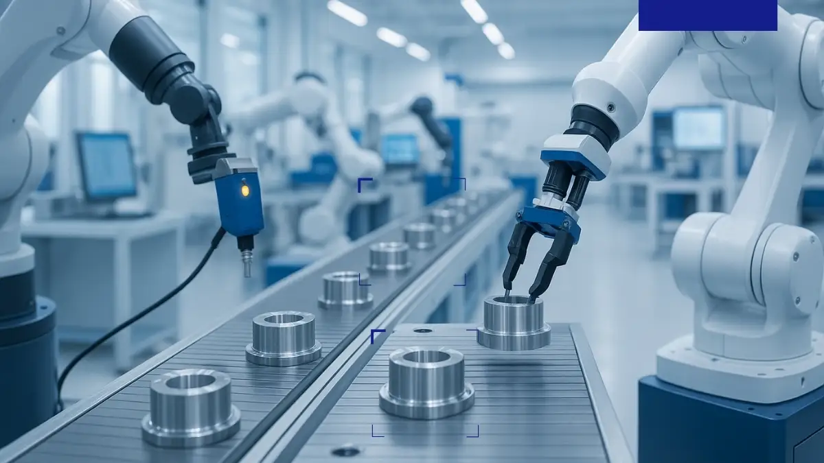 Brazo robótico automatizando la producción de componentes metálicos en línea de manufactura de precisión.