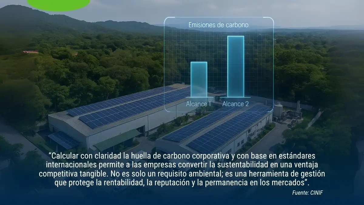 Gráfica digital de emisiones de carbono sobre una planta industrial rodeada de áreas verdes.