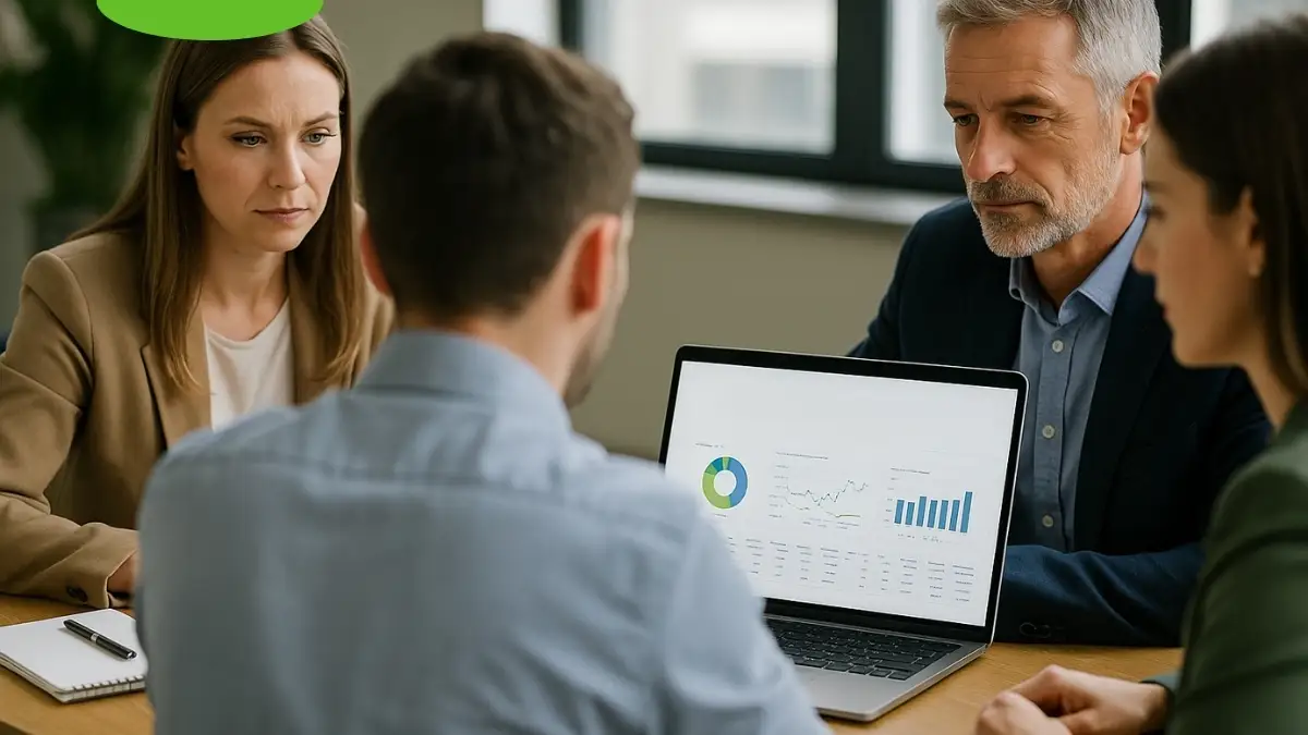 Personas de negocios revisan gráficas de emisiones de carbono en una laptop durante una reunión.
