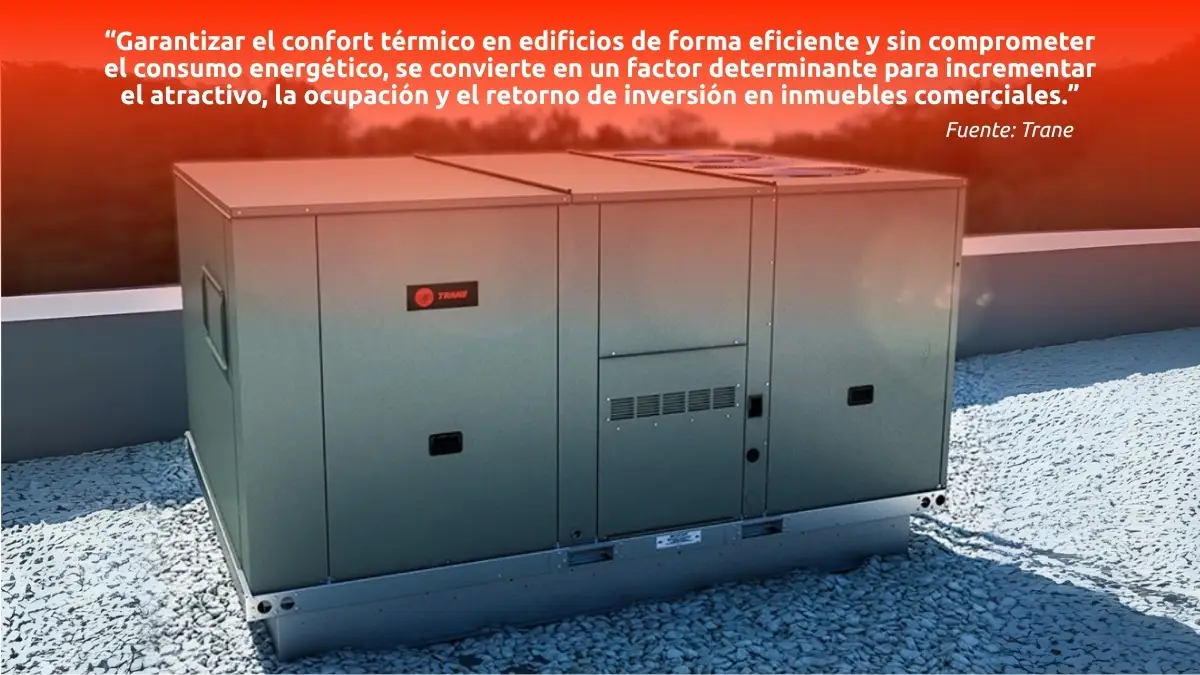 Equipo HVAC Trane en azotea con mensaje sobre eficiencia energética y confort térmico