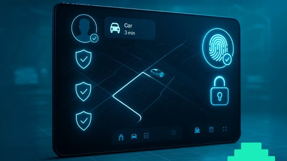 Interfaz de seguridad móvil con verificación biométrica para apps de transporte