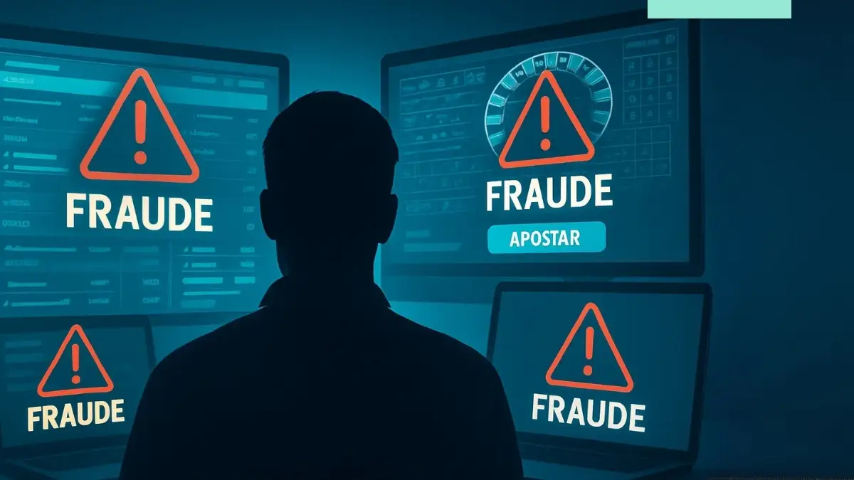 Persona frente a múltiples pantallas con alertas de fraude en apuestas en línea