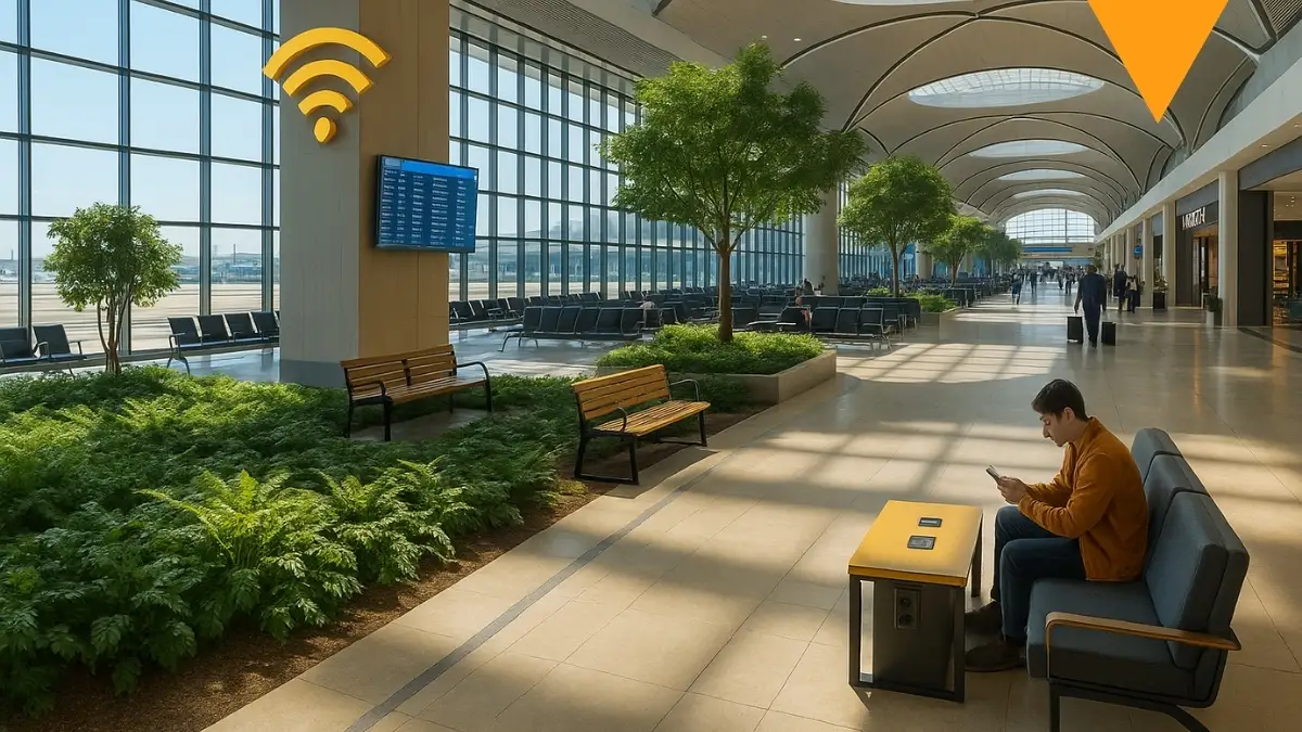 Sala de espera moderna en aeropuerto mexicano con vegetación interior, conexión WiFi y zonas de descanso para viajeros