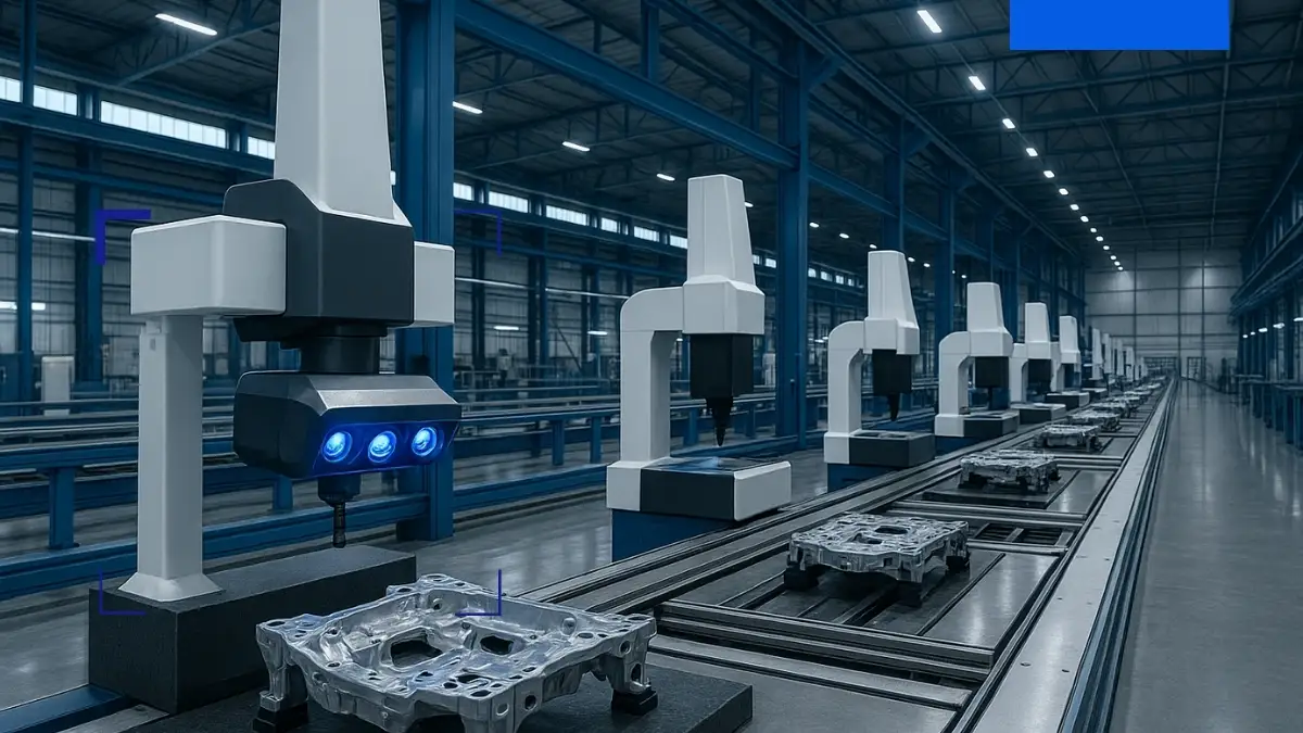 Equipo de metrología inspeccionando piezas automotrices en línea de producción