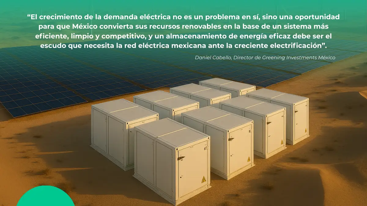 Contenedores de almacenamiento de energía renovable en el desierto mexicano con paneles solares