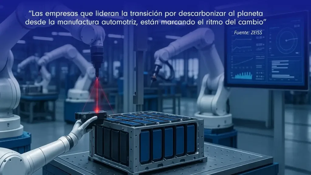 Robots industriales ensamblando baterías con sistemas láser en planta automotriz