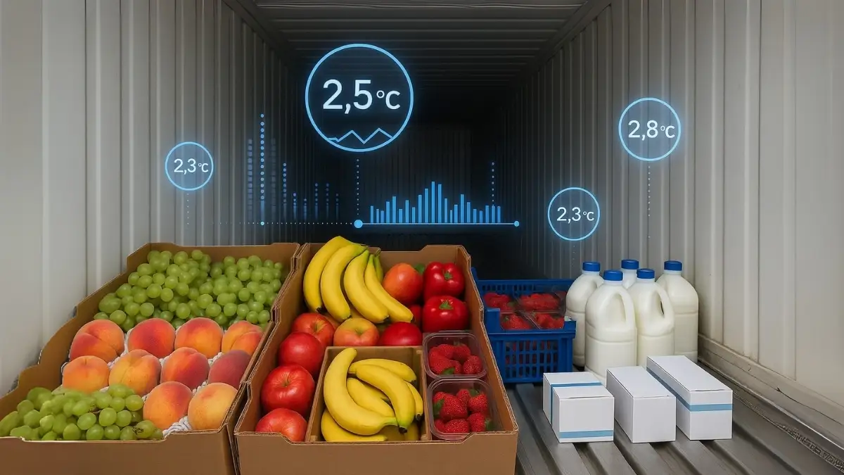 Control de temperatura en logística de frío farmacéutica dentro de un contenedor refrigerado con alimentos y medicamentos.