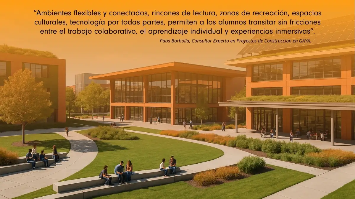 Campus universitario con edificios sustentables, áreas verdes y espacios de convivencia, reflejando la arquitectura educativa enfocada en bienestar, tecnología y sostenibilidad.