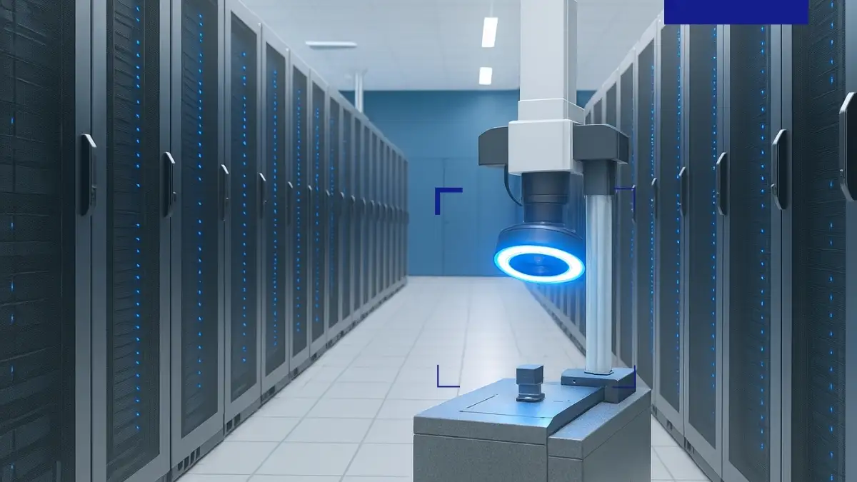 Control óptico avanzado en la infraestructura de centros de datos. Centro de datos con racks de servidores iluminados y sistema de inspección óptica industrial, representando el control de calidad y precisión en la infraestructura tecnológica.