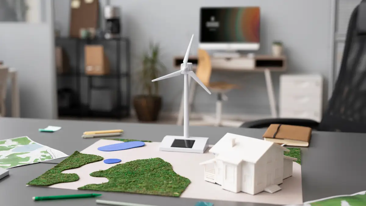 Maqueta arquitectónica con enfoque sustentable y energía renovable en proyectos de construcción