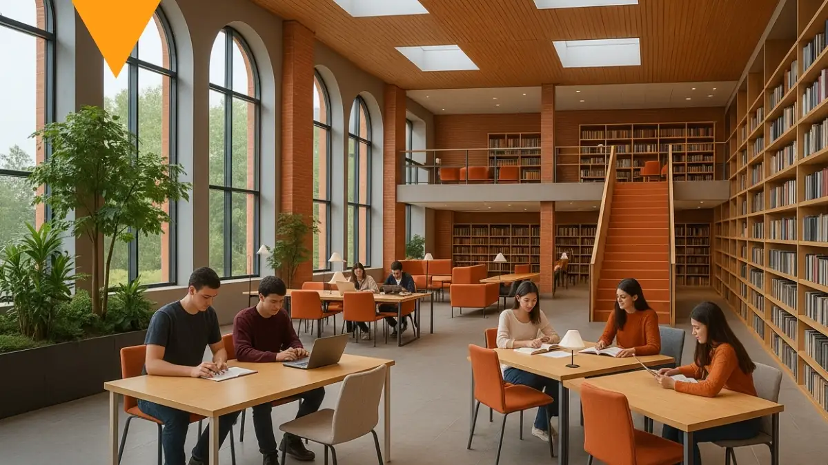 Espacios académicos modernos que impulsan el aprendizaje colaborativo. Estudiantes trabajando en una biblioteca universitaria moderna con amplios ventanales, mobiliario ergonómico y diseño arquitectónico sostenible que fomenta el aprendizaje colaborativo.