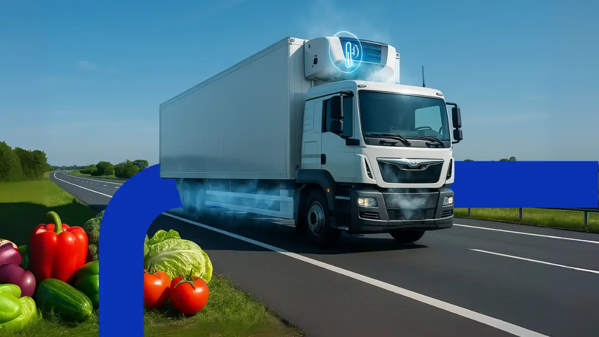 Transporte refrigerado eficiente para e-commerce de alimentos. Camión de transporte refrigerado circulando por carretera con vegetales frescos a los costados, simbolizando la logística de cadena de frío en el e-commerce de alimentos.