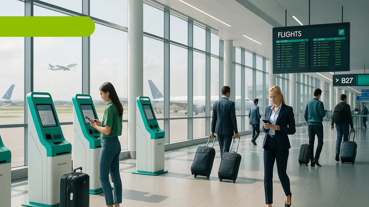 Pasajeros usando tecnología digital en aeropuerto internacional rumbo al Mundial 2026.