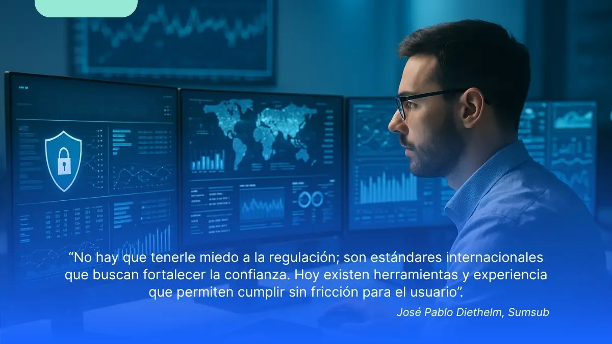 inteligencia-artificial-para-prevenir-delitos Profesional monitoreando paneles digitales con datos de ciberseguridad y mapas globales, representando el uso de inteligencia artificial para prevenir delitos financieros y garantizar el cumplimiento normativo.