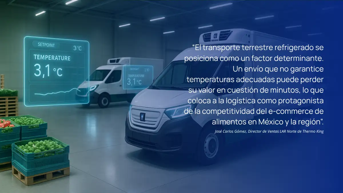 Camiones refrigerados en almacén controlado por temperatura de 3.1 °C con cajas de verduras, representando la importancia de la logística en la distribución de alimentos frescos.