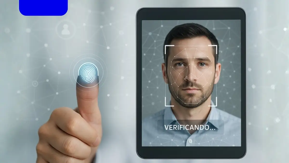 Verificación biométrica para prevenir fraudes financieros. Persona autenticando su identidad mediante reconocimiento facial y huella digital en dispositivo móvil, ilustrando soluciones de verificación biométrica y prevención de fraudes financieros en línea.