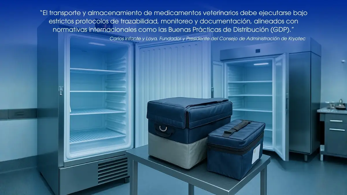 Laboratorio con refrigeradores y bolsas térmicas para conservar medicamentos veterinarios, destacando el cumplimiento de las Buenas Prácticas de Distribución (GDP) y control de temperatura.