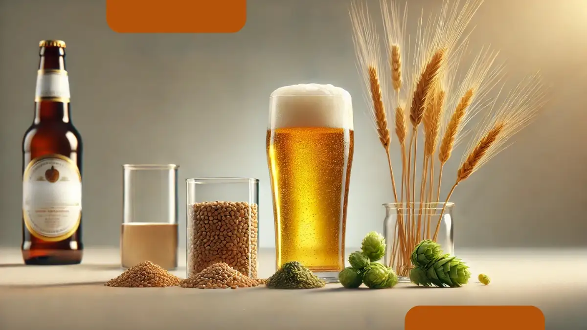 Ingredientes naturales y equilibrio nutricional de la cerveza. Vaso de cerveza acompañado de sus ingredientes naturales —cebada, lúpulo y malta— junto a una botella y espigas de trigo, representando el proceso artesanal y el valor nutricional de la bebida.