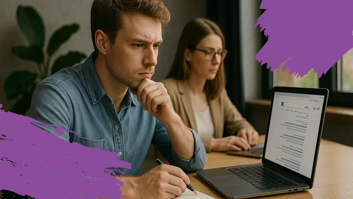 comunicacion-integrada Professionals analyzing search results on a laptop and taking notes, representing a brand research and discovery process aimed at strengthening digital presence.