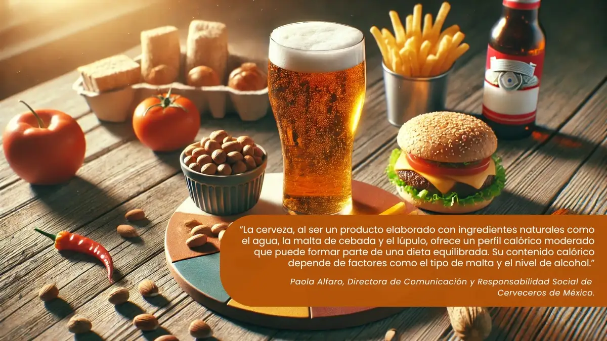 calorias-en-la-cerveza Vaso de cerveza junto a una hamburguesa, papas fritas, almendras y verduras, ilustrando el consumo equilibrado y el perfil calórico moderado de la cerveza dentro de una dieta balanceada.