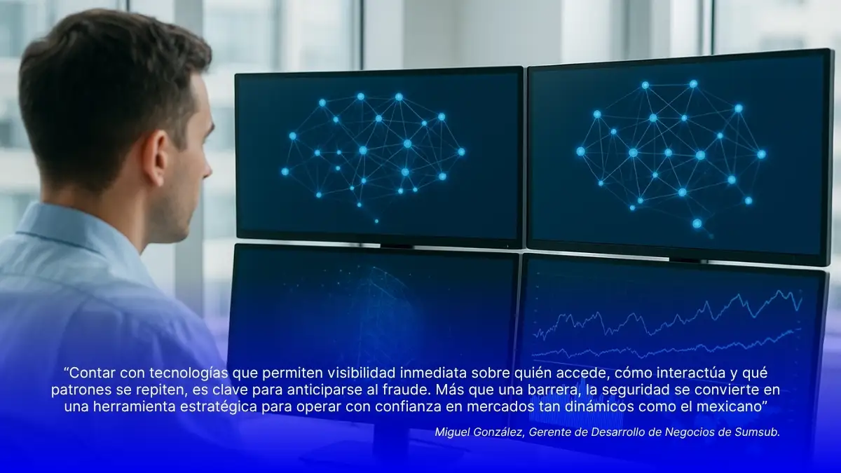 Profesional analizando múltiples pantallas con redes neuronales y datos financieros, representando el uso de inteligencia artificial para prevenir fraudes cibernéticos y anticipar riesgos.