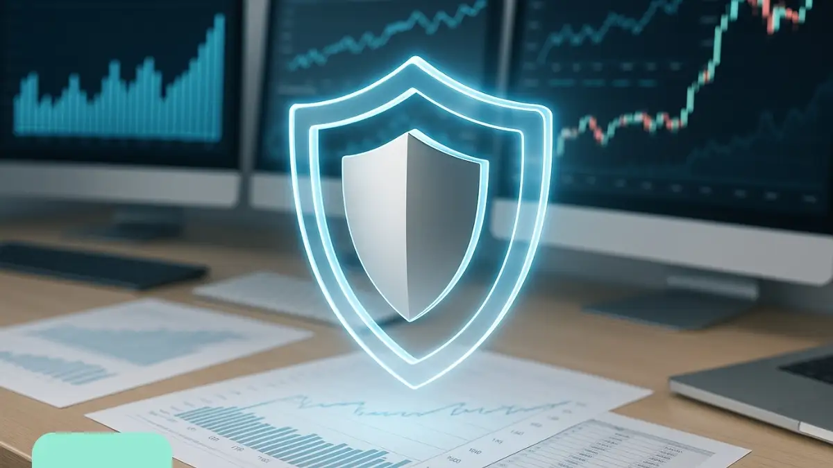 Protección digital frente a fraudes electrónicos en México. Escudo digital brillante frente a gráficos financieros en pantallas, simbolizando la ciberseguridad y protección de datos ante fraudes electrónicos en México.