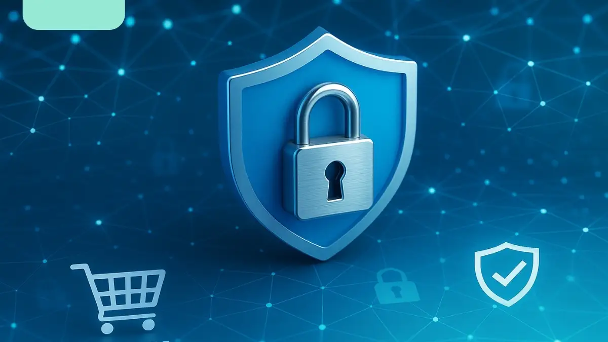 Seguridad digital para evitar fraudes en e-commerce. Candado metálico sobre un escudo azul con íconos digitales de seguridad y comercio electrónico, simbolizando la protección de datos y la prevención de fraudes en compras por internet.