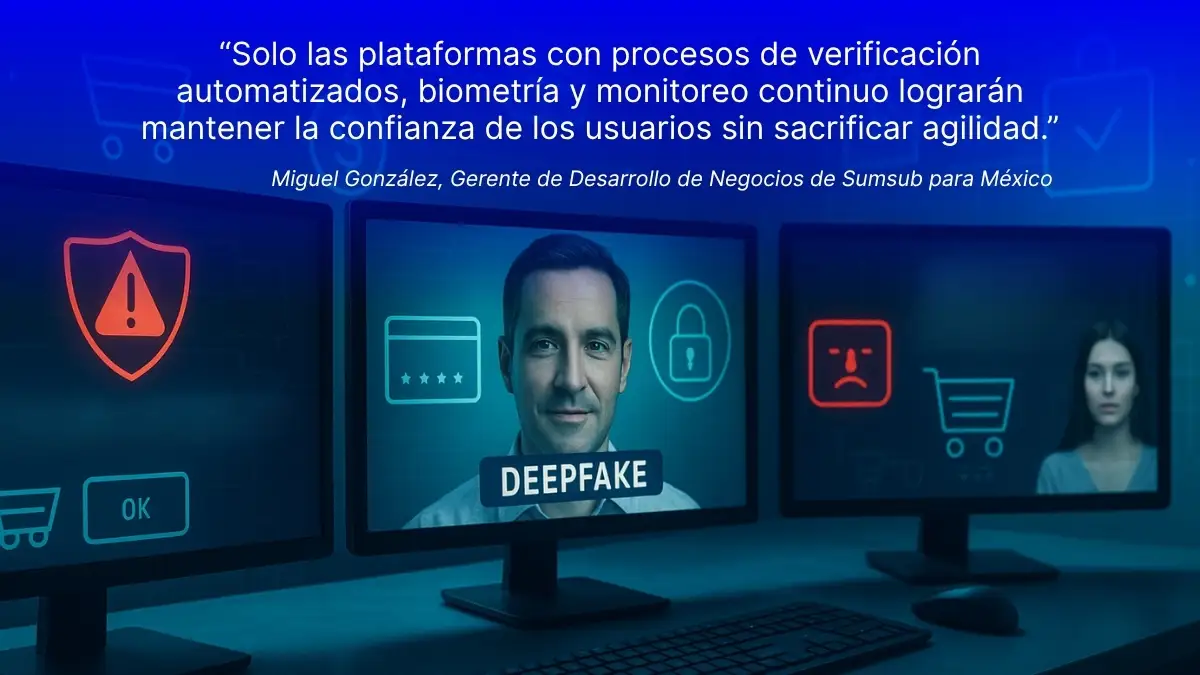 Monitores con alertas de ciberseguridad y reconocimiento facial, representando la detección de deepfakes y procesos automatizados de verificación para prevenir fraudes durante el Buen Fin.